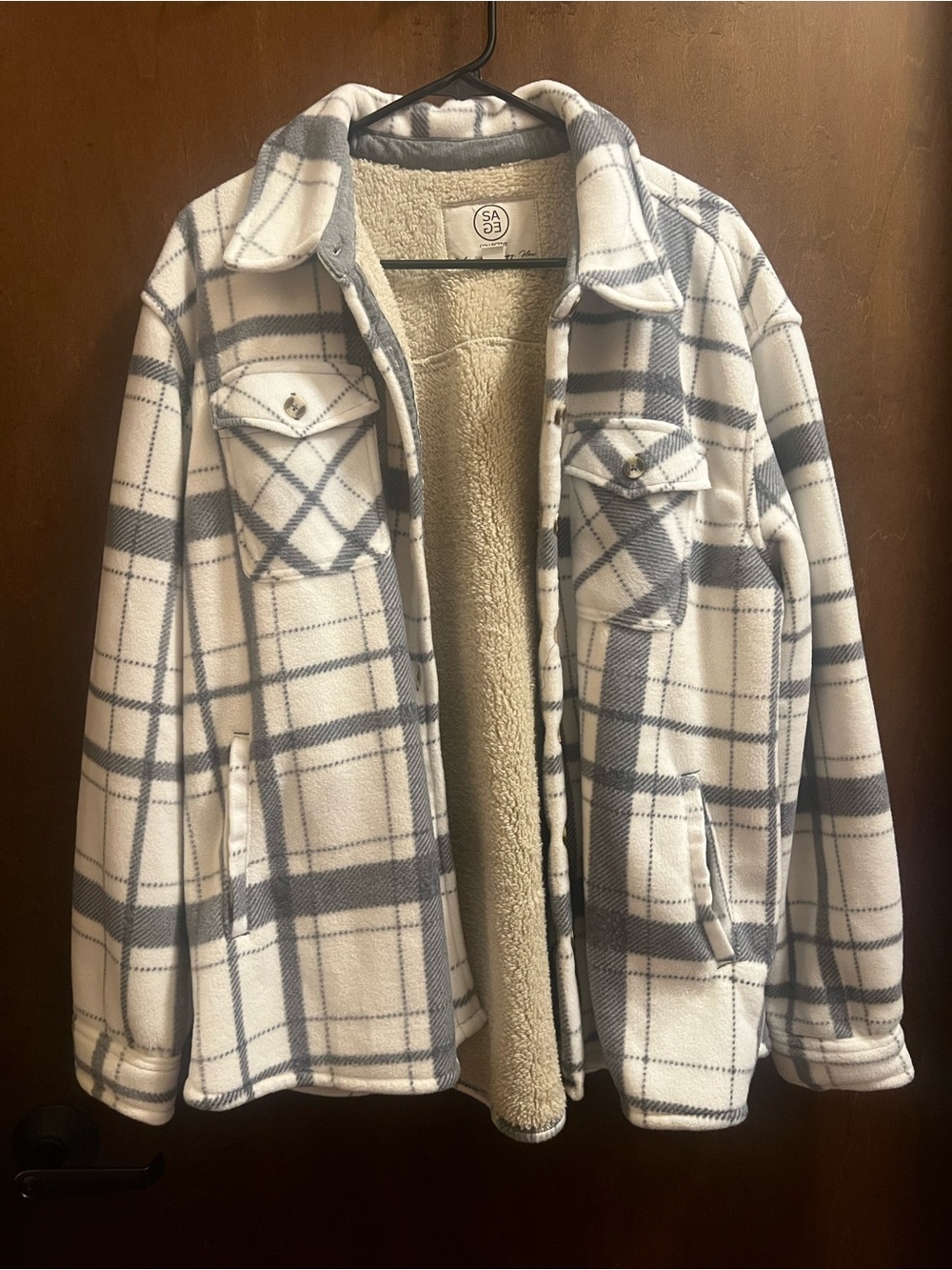 Plush Lined Plaid Shacket - White & Gray